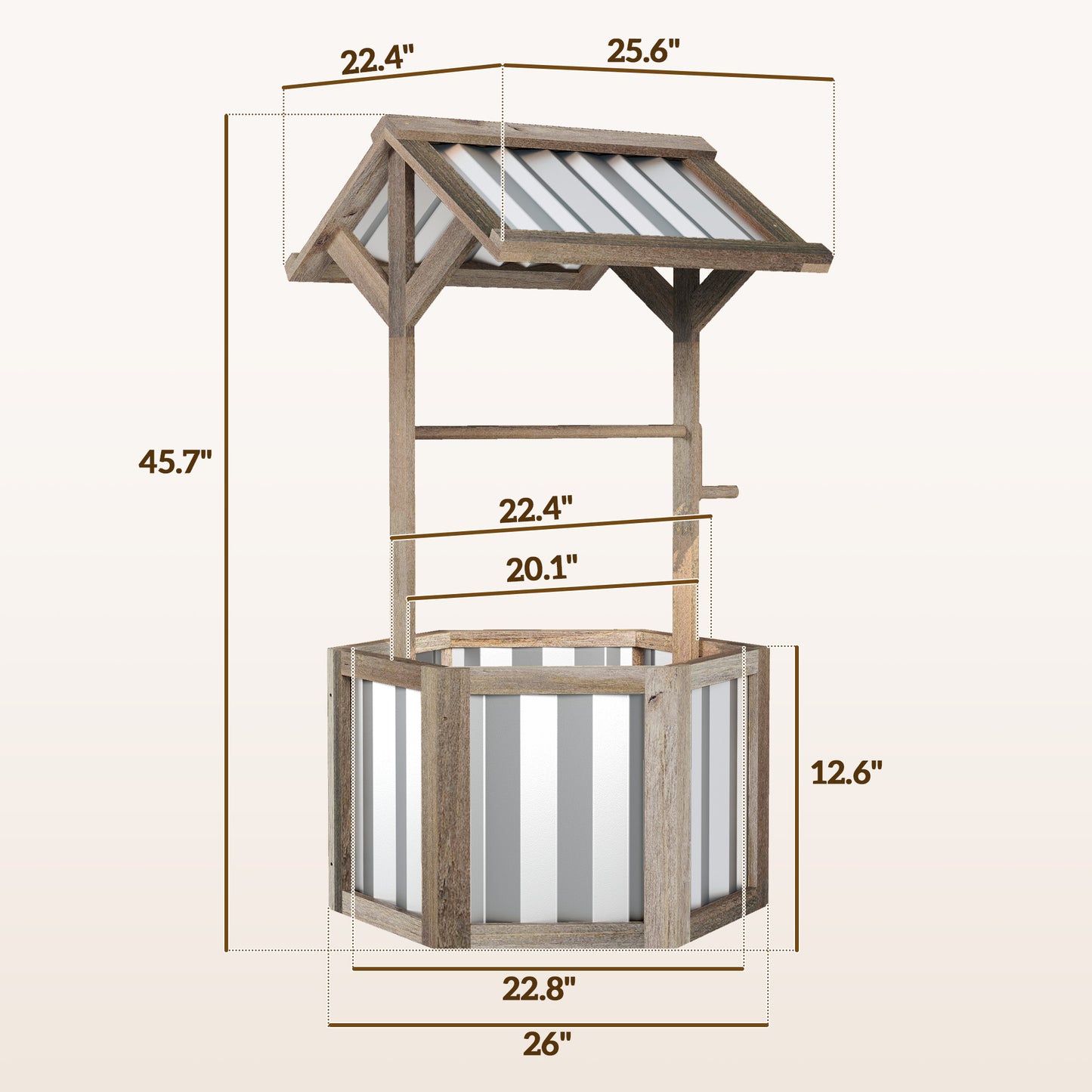 Wooden Wishing Well Planter, Raised Garden Bed with Galvanized Canopy, Hexagon Raised Flower Bed for Garden, Light Gray