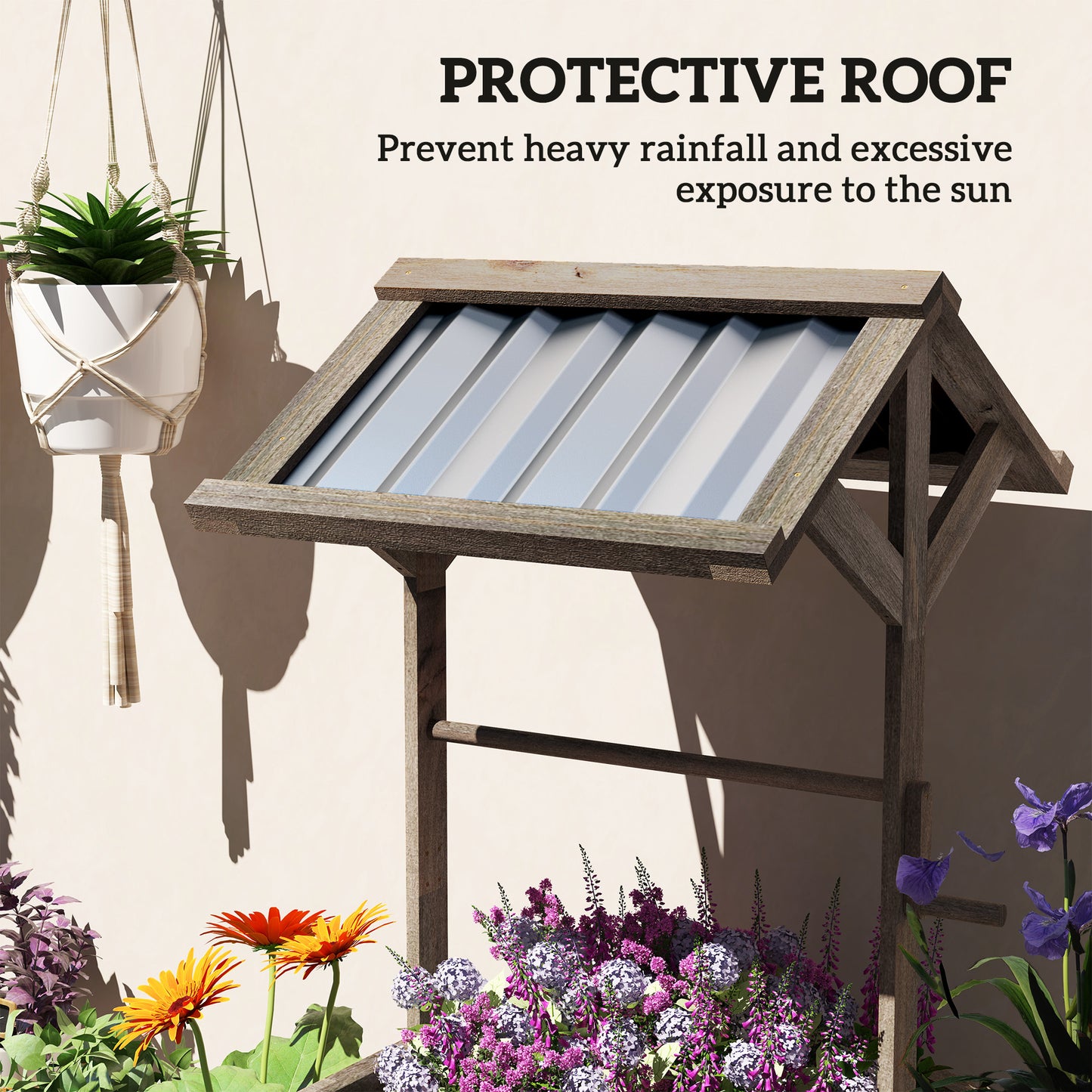 Wooden Wishing Well Planter, Raised Garden Bed with Galvanized Canopy, Hexagon Raised Flower Bed for Garden, Light Gray