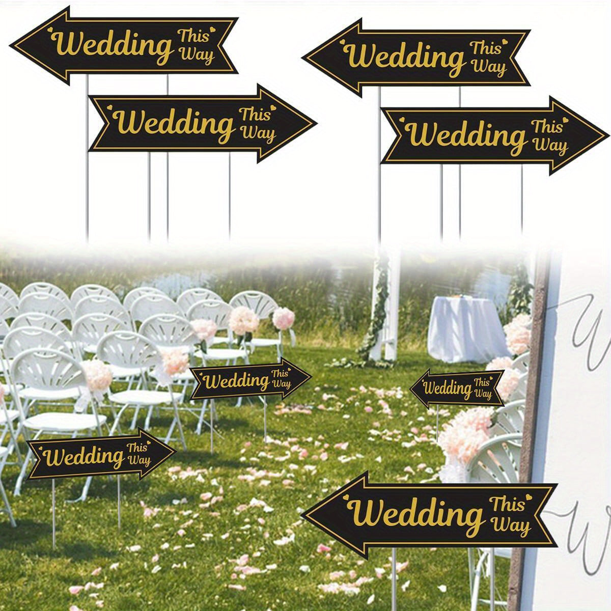 4-piece Wedding Directional Signs With Stakes, Black And Gold Arrow-shaped Garden Signs, Double-sided Corrugated Plastic Wedding Route Signs, Suitable For Reception Areas, Parking Lots, Outdoor Lawns,