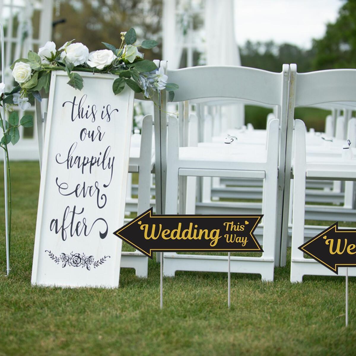 4-piece Wedding Directional Signs With Stakes, Black And Gold Arrow-shaped Garden Signs, Double-sided Corrugated Plastic Wedding Route Signs, Suitable For Reception Areas, Parking Lots, Outdoor Lawns,