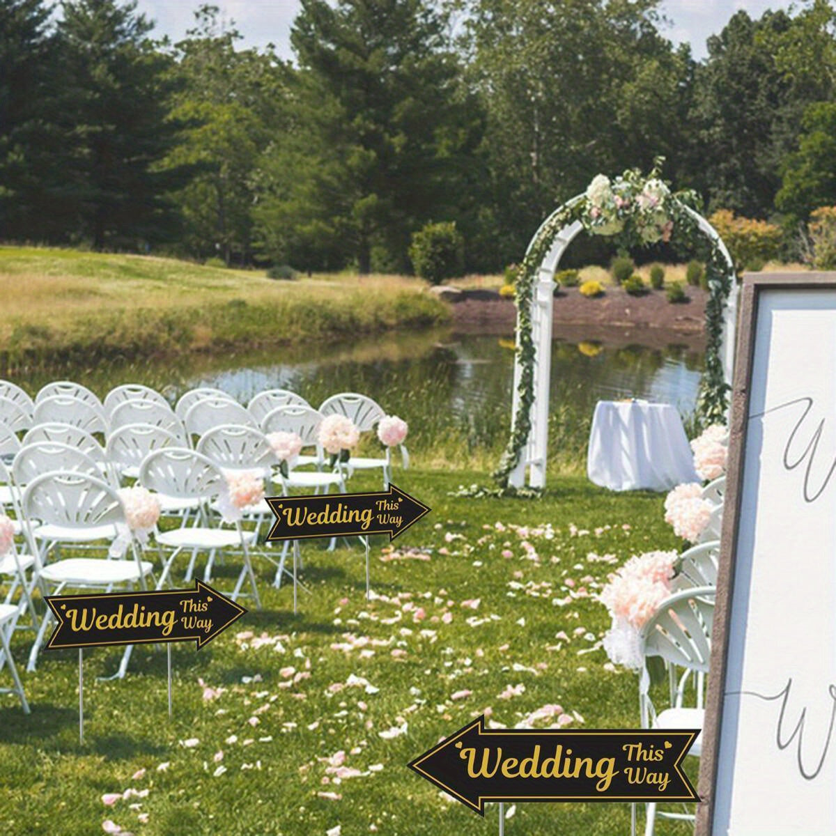 4-piece Wedding Directional Signs With Stakes, Black And Gold Arrow-shaped Garden Signs, Double-sided Corrugated Plastic Wedding Route Signs, Suitable For Reception Areas, Parking Lots, Outdoor Lawns,