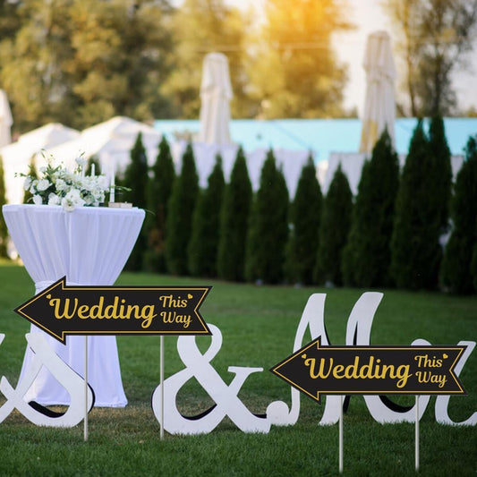 4-piece Wedding Directional Signs With Stakes, Black And Gold Arrow-shaped Garden Signs, Double-sided Corrugated Plastic Wedding Route Signs, Suitable For Reception Areas, Parking Lots, Outdoor Lawns,